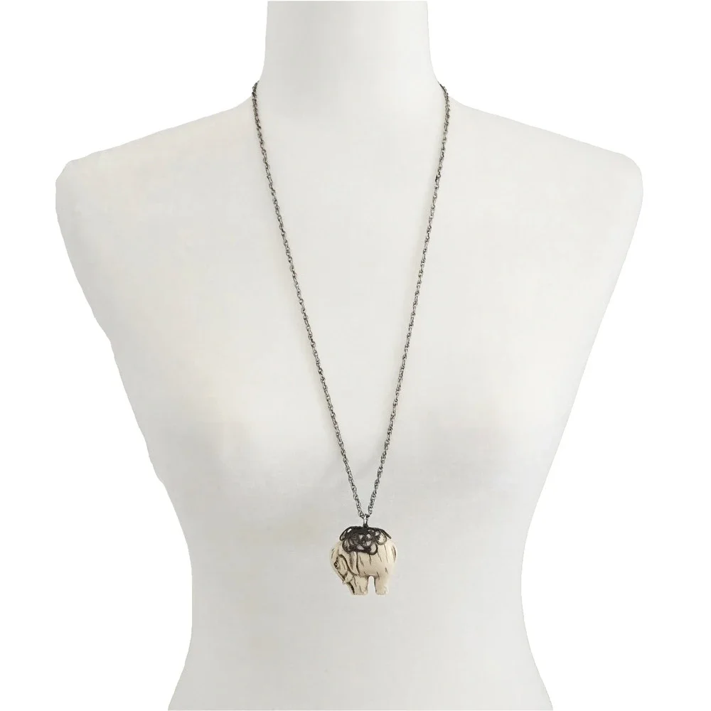 Vintage Elephant Necklace Carved Celluloid Pendant Silvertone Chain Classic Boho